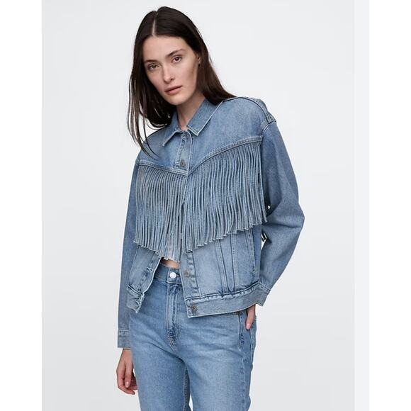 GAP Oversized Denim Fringe Jacket Women’s Small Tall Light Wash Western - Picture 2 of 10